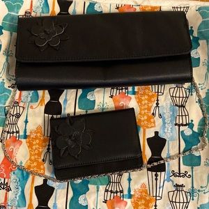 Vintage hand bag clutch and wallet set black with flower